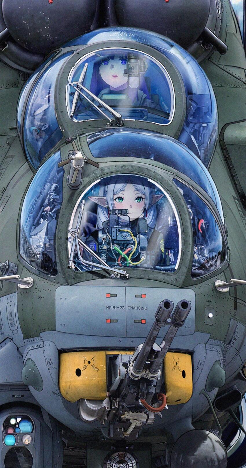 2girls aircraft attack_helicopter blush chinese_commentary closed_mouth commentary_request elf fern_(sousou_no_frieren) frieren green_eyes grey_hair helicopter highres mi-24 military_vehicle multiple_girls open_mouth pointy_ears purple_eyes purple_hair smile sousou_no_frieren tiewan