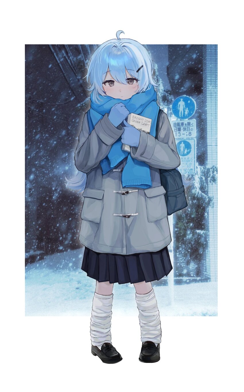 1girl ahoge bag black_bag black_shoes black_skirt blue_gloves blue_hair blue_scarf book border closed_mouth coat commentary_request double-parted_bangs duffel_coat flipped_hair full_body gloves grey_coat grey_eyes hair_between_eyes hair_ornament hairclip hand_on_own_chest hands_up highres holding holding_book kabaxima_kin light_blush loafers long_hair looking_at_viewer loose_socks original outdoors outside_border photo_background pleated_skirt road scarf school_bag shoes shoulder_bag skirt snow snowing socks solo standing street white_border white_socks winter winter_clothes