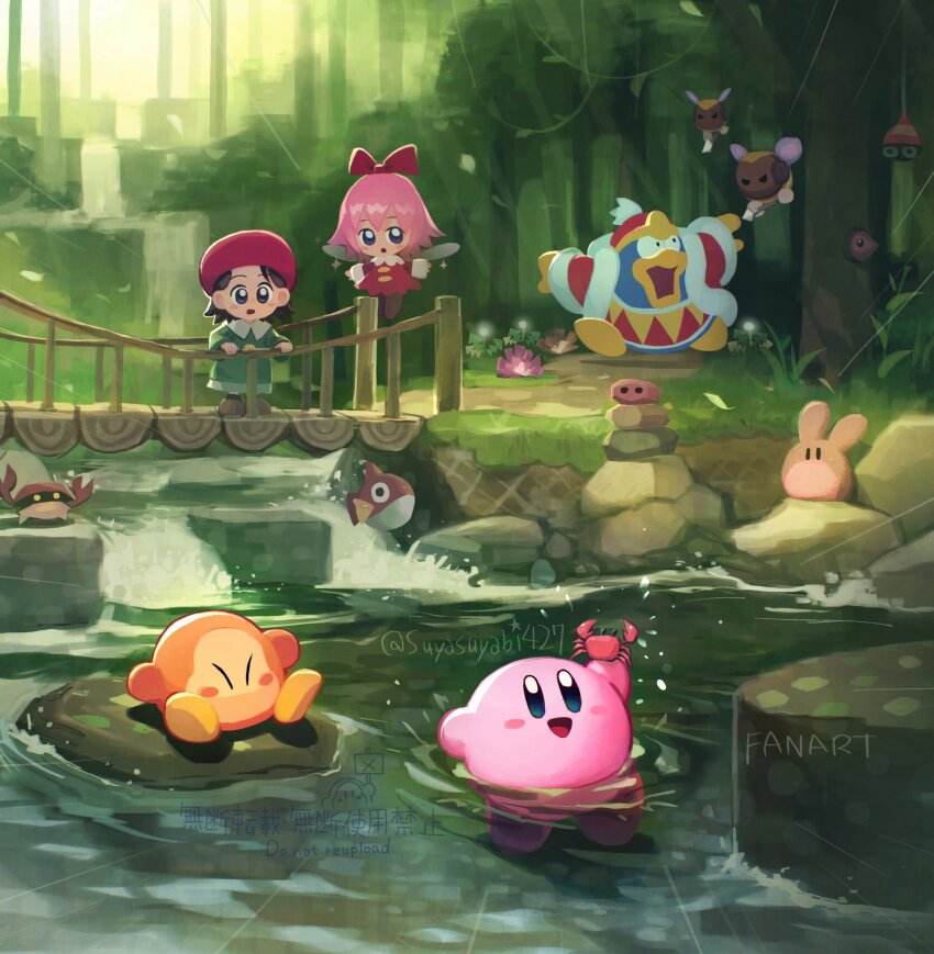 2girls :d :o adeleine blue_eyes blush_stickers bridge brown_shoes closed_eyes crab dress fairy fairy_wings fish fleeing forest green_shirt hair_ribbon hat highres king_dedede kirby kirby_(series) long_sleeves multiple_girls nature nintendo open_mouth outdoors pink_hair red_dress red_hat red_ribbon ribbon ribbon_(kirby) shirt shoes short_hair smile suyasuyabi twitter_username waddle_dee wading water watermark wings