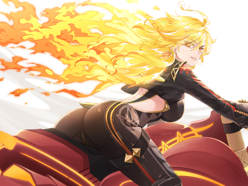 1girl ahoge ass biker_clothes bikesuit black_bodysuit bodysuit breasts commentary_request earrings fiery_hair flamestrider_(genshin_impact) genshin_impact highres kurotaka_oniku long_hair long_sleeves looking_at_viewer mavuika_(genshin_impact) motor_vehicle motorcycle on_motorcycle open_mouth orange_eyes orange_hair smile solo sun_earrings symbol_in_eye very_long_hair white_background