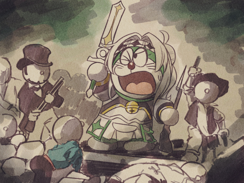 6+others ahoge bayonet bell byackopath_(artist) coeiroink commentary_request cosplay croix-chan croix-chan_(cosplay) doraemon doraemon_(character) fine_art_parody full_body gun holding holding_sword holding_weapon jingle_bell liberty_leading_the_people multiple_others musket one_eye_closed open_mouth parody standing sword weapon white_hair