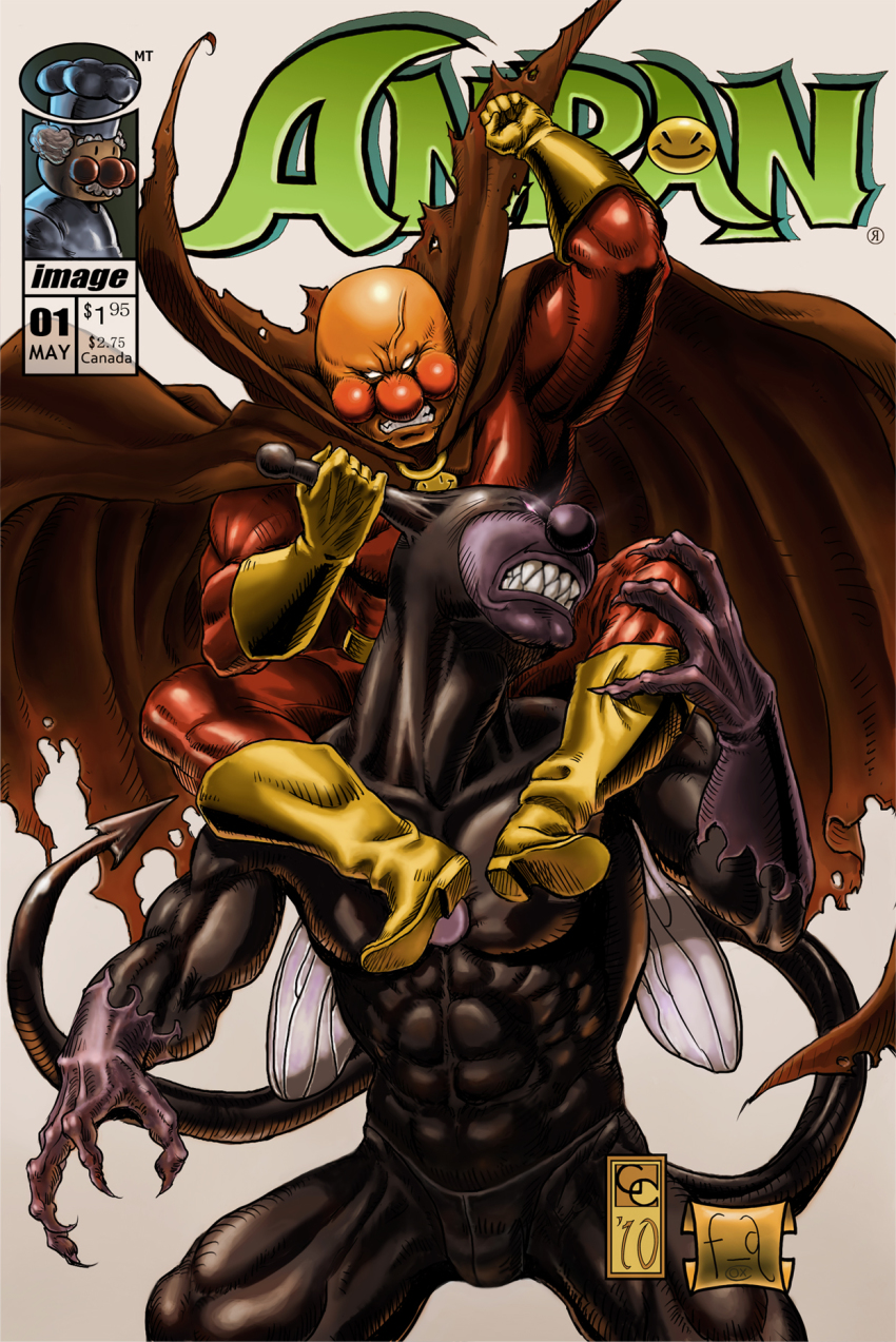 2boys anpanman anpanman_(character) asakuraf bad_id bad_pixiv_id baikinman battle cape comic_book highres image_comics jam_ojisan multiple_boys parody spawn_(comic)