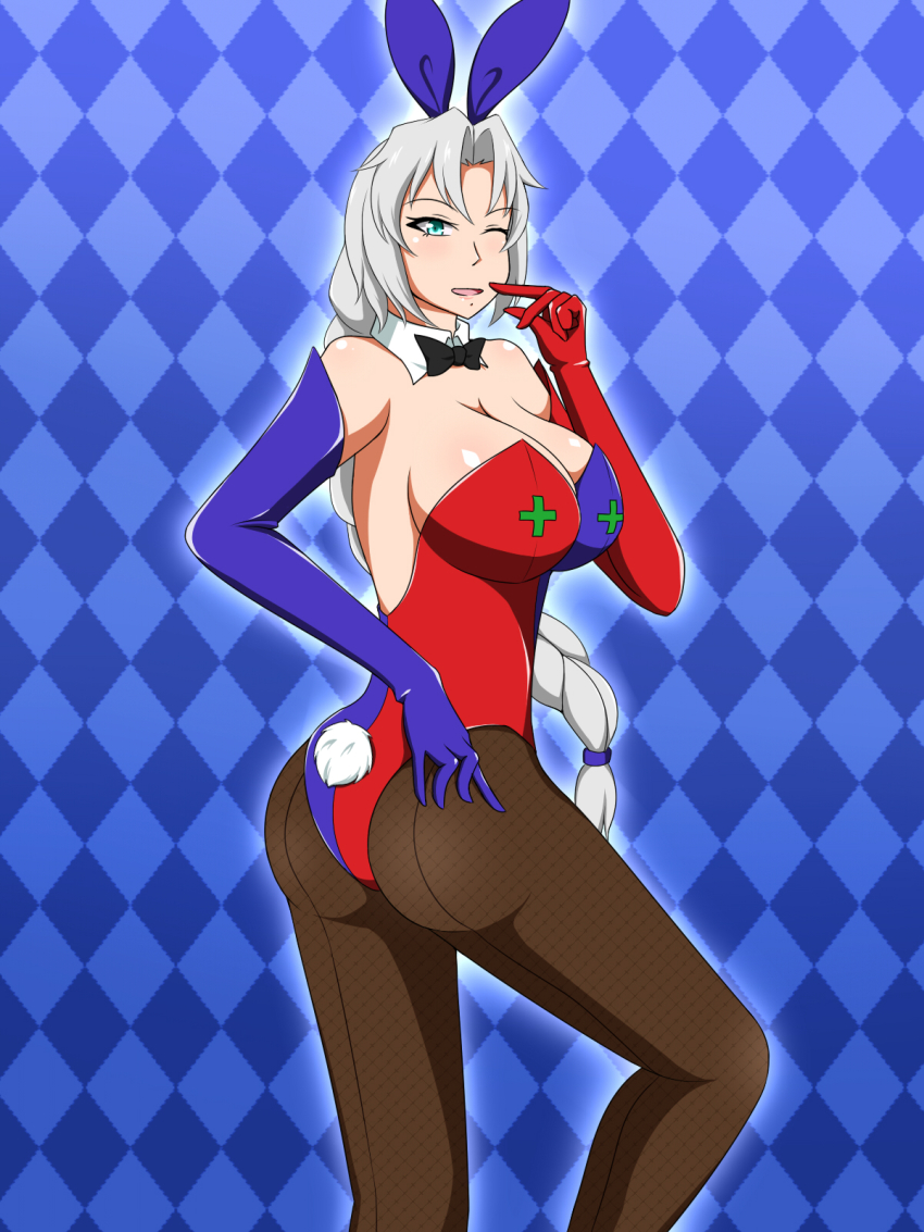 1girl adapted_costume animal_ears ass bare_shoulders blue_eyes braid breasts cleavage detached_sleeves elbow_gloves female_focus finger_to_mouth fishnet_pantyhose fishnets gloves hat highres lactone large_breasts leotard long_hair looking_at_viewer one_eye_closed pantyhose playboy_bunny rabbit_ears rabbit_tail silver_hair smile solo tail touhou yagokoro_eirin