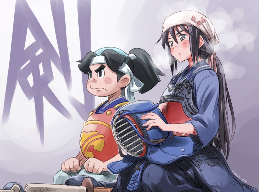 1boy 1girl akadou_suzunosuke black_eyes black_hair blush bougu character_request hachimaki hair_tie headband isedaichi_ken kendo kendo_mask kneeling original purple_background simple_background sweat