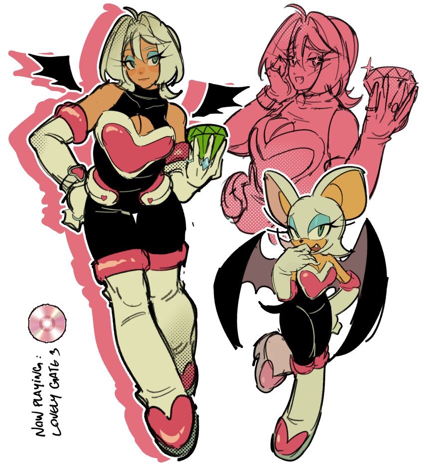 1girl :d absurdres animal_ears animal_nose bare_shoulders bat_ears bat_girl bat_tail bat_wings black_bodysuit blue_eyeshadow bodysuit breasts chaos_emerald cleavage eyeshadow fang full_body furry furry_and_humanization furry_female gem gloves green_eyes green_gemstone highres jewelry livpoid looking_at_viewer makeup multiple_views open_mouth ring rouge_the_bat simple_background smile solo sonic_(series) standing white_background white_fur white_gloves white_hair wings