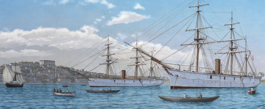 6+others absurdres acrylic_paint_(medium) atelier_bono boat building city commentary day hiei_(ironclad) highres historical_event imperial_japanese_navy ironclad istanbul japanese_flag kongou_(ironclad) mast military_vehicle multiple_others ocean original ottoman_empire outdoors painting_(medium) port sailboat scenery ship sky traditional_media vehicle_focus warship watercraft