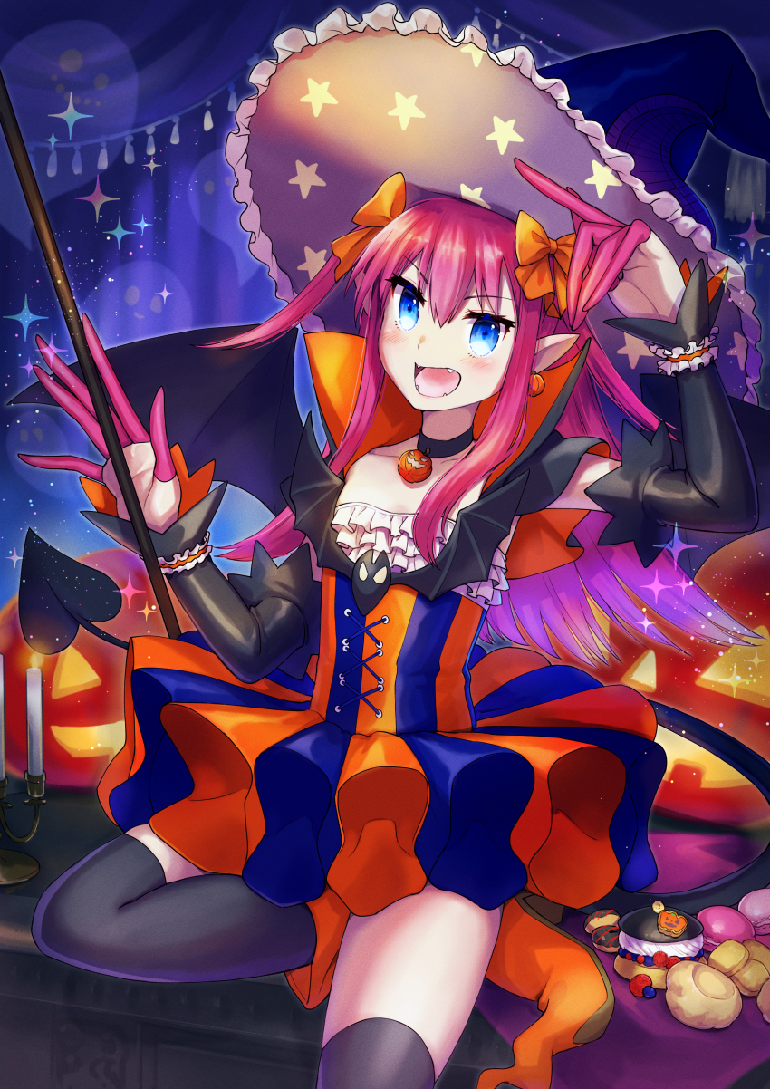1girl absurdres black_thighhighs blue_eyes bow candlestand choker demon_tail detached_sleeves dress earrings elizabeth_bathory_(fate) elizabeth_bathory_(halloween_caster)_(fate) eyelashes fang fate/grand_order fate_(series) food food-themed_earrings food_themed_earrings hair_between_eyes hat highres jack-o&#039;-lantern jewelry large_hands looking_at_viewer macaron open_mouth orange_bow pink_hair pointy_ears pumpkin_earrings sahara1127 striped_clothes striped_dress tail thighhighs witch_hat