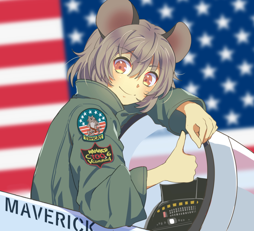 1girl aircraft airplane alternate_costume american_flag animal_ears bomber_jacket english_text fighter_jet green_jacket grey_hair highres jacket long_sleeves looking_at_viewer military military_vehicle mouse_ears nayozane_(worker7) nazrin patch red_eyes short_hair smile solo thumbs_up top_gun:_maverick touhou wide_sleeves