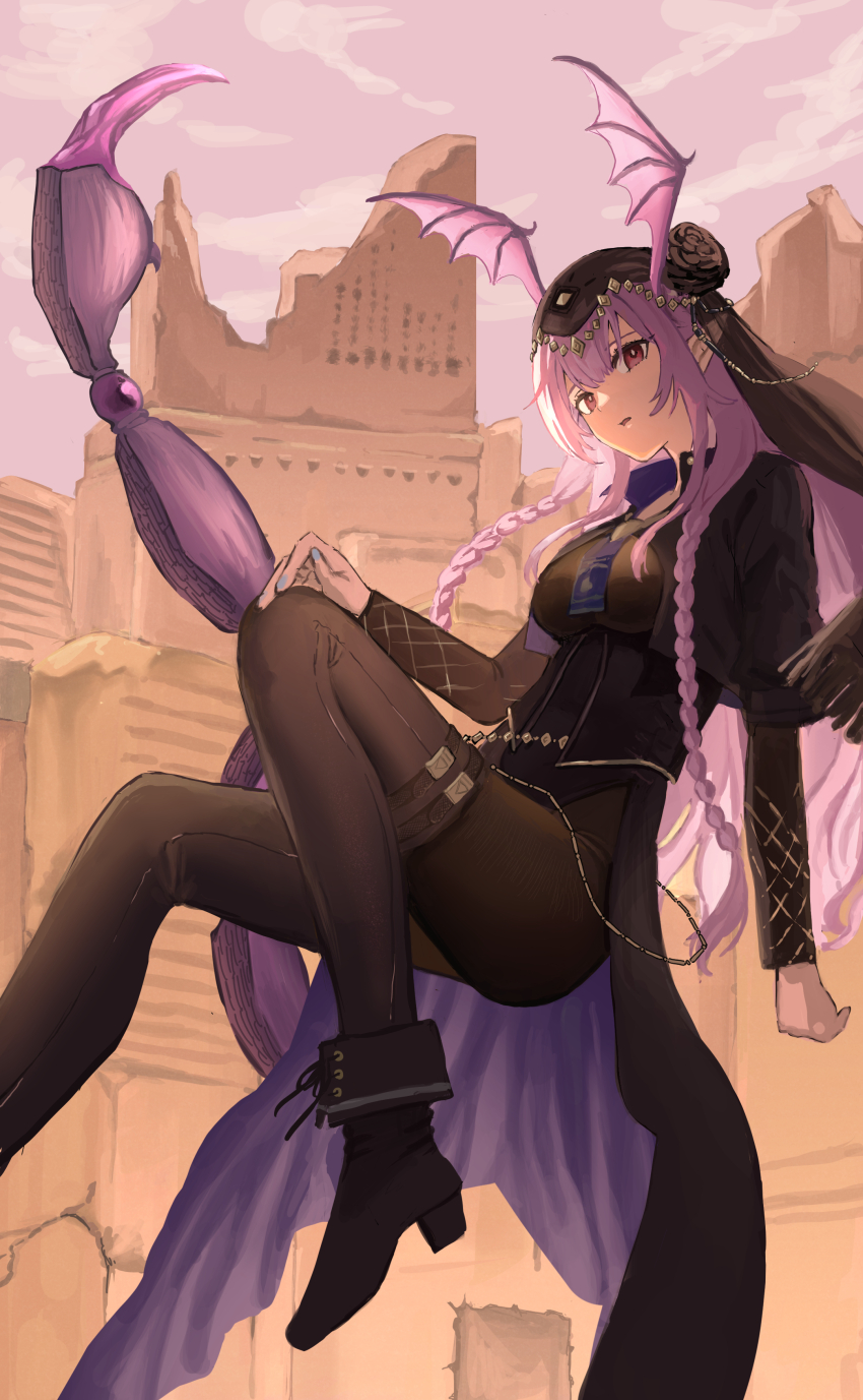 12 1girl absurdres arknights arthropod_girl black_flower black_footwear black_leotard black_pantyhose black_rose black_veil blue_nails bodystocking braid breasts building cloud expressionless flower foot_out_of_frame head_wings highres leotard long_hair long_sleeves looking_at_viewer manticore_(arknights) manticore_(under_a_veil)_(arknights) official_alternate_costume outdoors pantyhose pink_sky pointy_ears purple_eyes purple_hair rose ruins scorpion_girl scorpion_tail see-through_clothes see-through_sleeves sky solo tail twin_braids veil wings