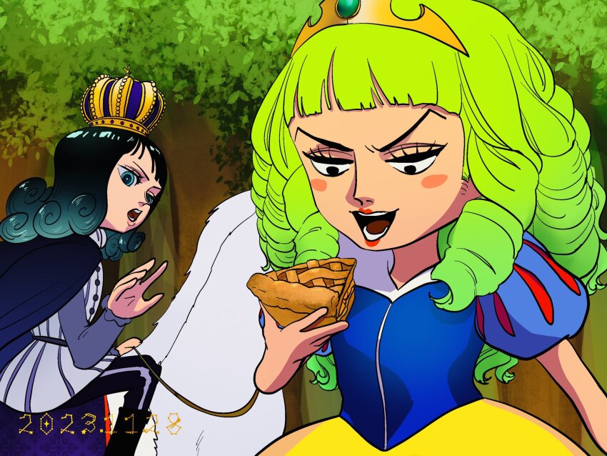 1boy 1girl alternate_costume animal apple_pie blue_eyes blunt_bangs blush_stickers boots commentary_request cosplay crown dated drill_hair food forest green_hair highres hisarakanoi holding holding_food horse long_hair makeup marchen_time mascara nature nico_robin one_piece outdoors pie prince princess puffy_short_sleeves puffy_sleeves red_lips roronoa_zoro short_sleeves smile snow_white snow_white_(disney) snow_white_(disney)_(cosplay) v-shaped_eyebrows