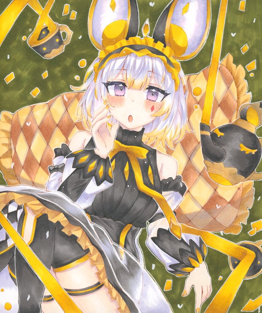 1girl animal_ears asymmetrical_legwear black_leotard blush checkered_clothes checkered_legwear checkered_pillow cup duel_monster frilled_hairband frills hair_between_eyes hair_ornament hairband highres ichinose_haruka leotard long_sleeves looking_at_viewer maliss_&lt;p&gt;_dormouse mouse_ears mouse_girl open_mouth pink_eyes short_hair solo teacup teapot white_hair yellow_nails yu-gi-oh!