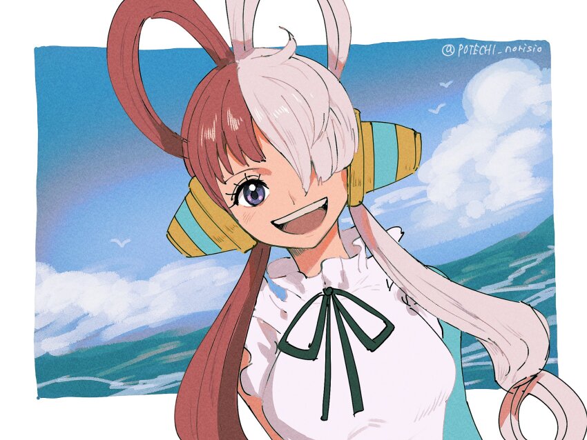 1girl bird blue_gloves blush cloud dress dutch_angle elbow_gloves eyelashes gloves hair_over_one_eye headphones headset highres looking_at_viewer multicolored_hair neck_ribbon one_piece open_mouth outdoors potechi_norisio purple_eyes red_hair ribbon single_elbow_glove smile solo twitter_username two-tone_hair upper_body uta_(one_piece) white_dress white_hair