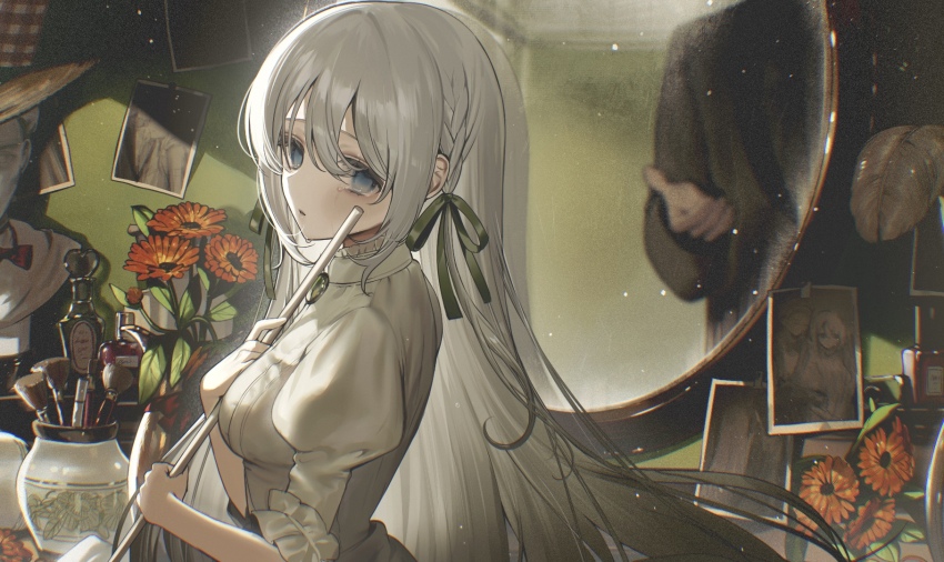 1girl aitsuki_nakuru blue_eyes breasts dress flower grey_hair hair_between_eyes hair_ribbon highres long_hair looking_at_viewer medium_breasts red_flower ribbon solo upper_body vase very_long_hair white_dress youichi_(45_01)