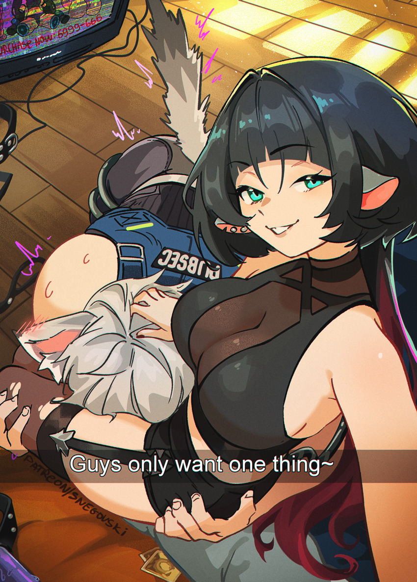1boy 1girl absurdres animal_ears black_shorts blunt_bangs blush breasts cat_boy cat_ears cat_tail cowboy_shot crop_top english_text fingernails floor green_eyes green_hair highres indoors jane_doe_(zenless_zone_zero) large_breasts long_hair looking_at_viewer monitor mouse_ears mouse_girl mouse_tail multicolored_hair nail_polish official_alternate_costume parted_lips qingyi_(zenless_zone_zero) red_hair red_nails seth_lowell short_hair shorts sidelocks sitting smile snapchat snegovski sweat tail two-tone_hair white_hair wooden_floor zenless_zone_zero