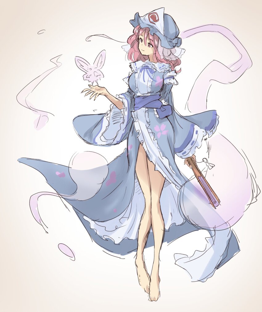 1girl barefoot bifidus_(exkagerou8665) blue_hat blue_kimono bug butterfly closed_mouth commentary_request full_body ghost grey_background hat highres insect japanese_clothes kimono medium_hair mob_cap one-hour_drawing_challenge pink_eyes pink_hair saigyouji_yuyuko solo touhou triangular_headpiece