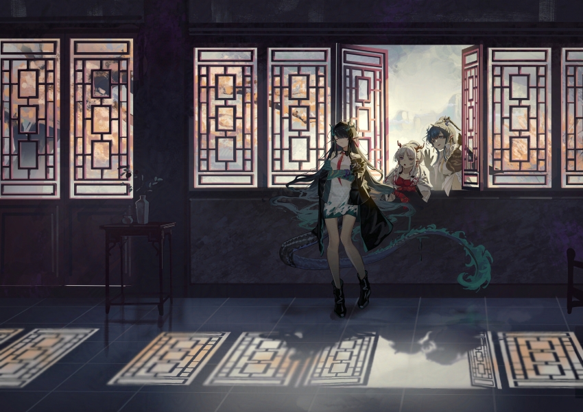 3girls absurdres architecture arknights black_hair black_shoes blue_eyes blue_hair blue_sky closed_eyes cloud colored_extremities colored_inner_hair colored_skin commentary day dragon_girl dragon_horns dragon_tail dusk_(arknights) east_asian_architecture frown gourd green_hair green_skin hair_over_one_eye highres holding holding_gourd horns indoors jacket lattice ling_(arknights) long_shirt looking_at_another mountainous_horizon multicolored_hair multiple_girls natsuba002 necktie nian_(arknights) outdoors plant pointy_ears ponytail potted_plant purple_eyes red_necktie red_shirt red_skin shirt shoes siblings sisters sky sunlight table tail tree waving white_hair white_jacket white_shirt window
