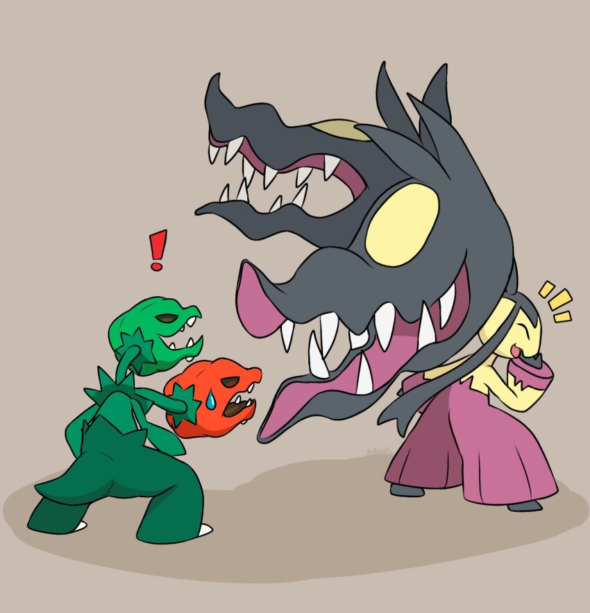 ! 2others ^_^ arm_at_side artist_name big_hair black_hair black_skin brown_background closed_eyes colored_skin comedic_sweatdrop extra_mouth from_behind full_body gen_3_pokemon green_skin half-closed_eyes hand_to_own_mouth hand_up happy laughing living_hair long_hair looking_at_another mawaifu mawile mega_mawile mega_pokemon multicolored_skin multiple_heads multiple_others nintendo notice_lines open_mouth other_focus pokemon pokemon_(creature) purple_skin red_skin scovillain sharp_teeth sidelocks signature simple_background smile standing sweatdrop teeth thick_thighs thighs trait_connection very_long_hair yellow_skin