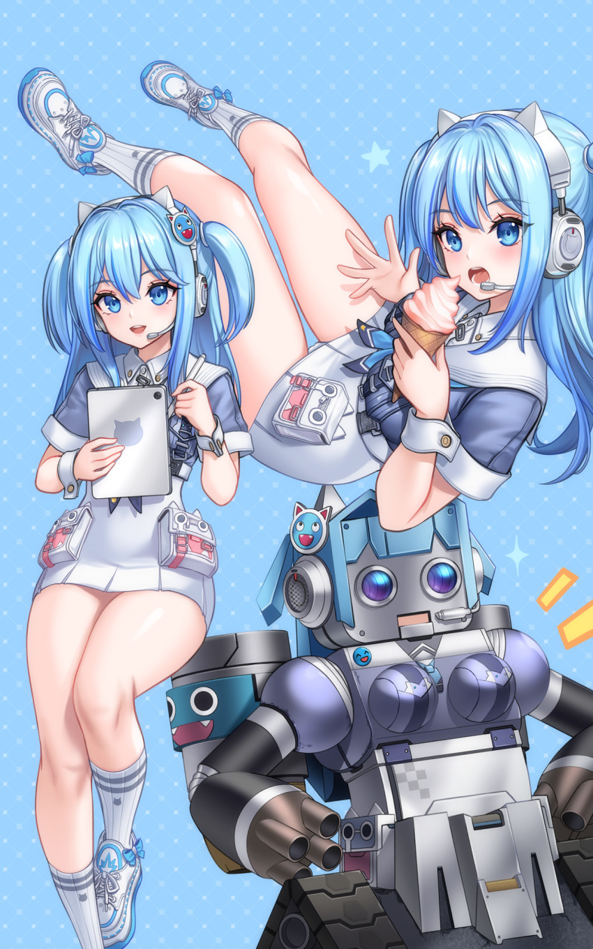 1girl animal_ears arm_cannon blue_background blue_eyes blue_hair breasts cat_ears caterpillar_tracks collared_dress commentary_request dress food goddess_of_victory:_nikke hands_on_own_hips hands_up headset highres holding holding_stylus holding_tablet_pc ice_cream ice_cream_cone korean_commentary long_hair looking_at_viewer mecha mecha_shifty_(nikke) panties panty_peek pouch robot school_uniform serafuku shifty_(nikke) shoes short_sleeves sneakers socks soft_serve star_(symbol) stylus tablet_pc toriseru_(rare_stone) two_side_up underwear weapon white_panties wing_collar wrist_cuffs