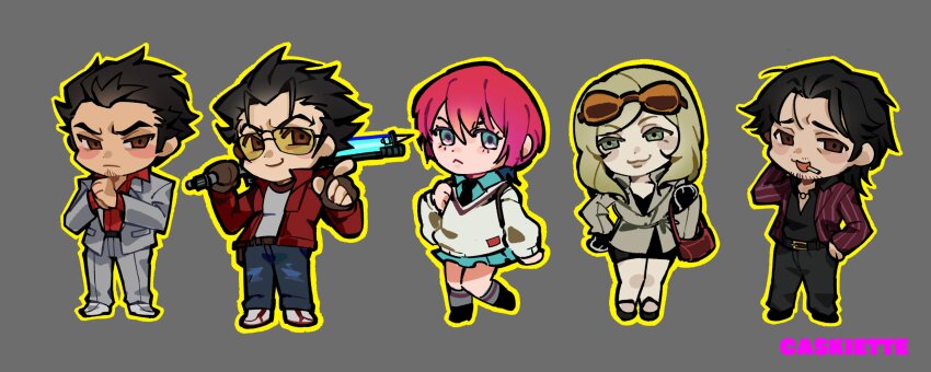 2girls 3boys :&lt; :3 :d absurdres akiyama_shun amate_yuzuriha aviator_sunglasses belt black_belt black_gloves black_hair black_pants black_shirt blonde_hair brown_eyes chibi chibi_only cigarette commentary denim english_commentary eyewear_on_head facial_hair fayee_o fist_in_hand frown furrowed_brow gloves goatee_stubble green_eyes grey_background grey_jacket grey_pants gundam gundam_gquuuuuux highres holding holding_weapon jacket jeans jewelry kiryu_kazuma looking_at_viewer medium_hair multiple_boys multiple_girls necklace no_more_heroes no_more_heroes_2 open_mouth outline pants pink_hair red_jacket red_shirt ryuu_ga_gotoku_(series) school_uniform shirt short_hair simple_background smile smirk stubble sunglasses sylvia_christel travis_touchdown v-shaped_eyebrows weapon yellow_outline