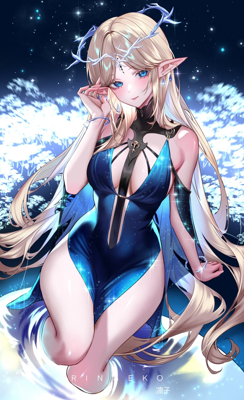 1girl absurdres alternate_costume artist_name bare_shoulders blonde_hair blue_dress blue_eyes blue_hair breasts cartethyia_(wuthering_waves) closed_mouth colored_inner_hair commentary covered_navel crown_of_thorns dress earrings fingernails hand_up highres jewelry large_breasts light_blush long_hair looking_at_viewer multicolored_hair pelvic_curtain pointy_ears ringeko-chan side_slit sidelocks sitting solo tacet_mark_(wuthering_waves) thighs very_long_hair wuthering_waves