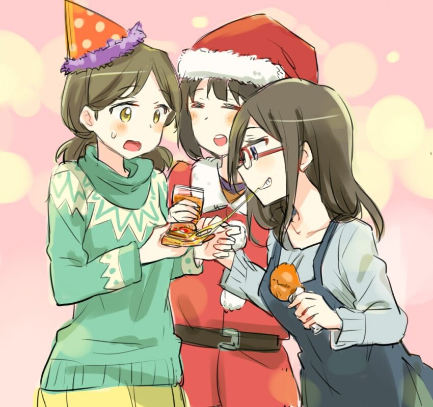 3girls amano_shin black_hair cheese cheese_trail chicken_(food) commentary food fried_chicken glasses green_sweater grey_sweater hat hibike!_euphonium long_hair multiple_girls nakaseko_kaori ogasawara_haruka party_hat pizza red-framed_eyewear santa_costume santa_hat short_hair short_twintails smile surprised sweatdrop sweater tanaka_asuka twintails