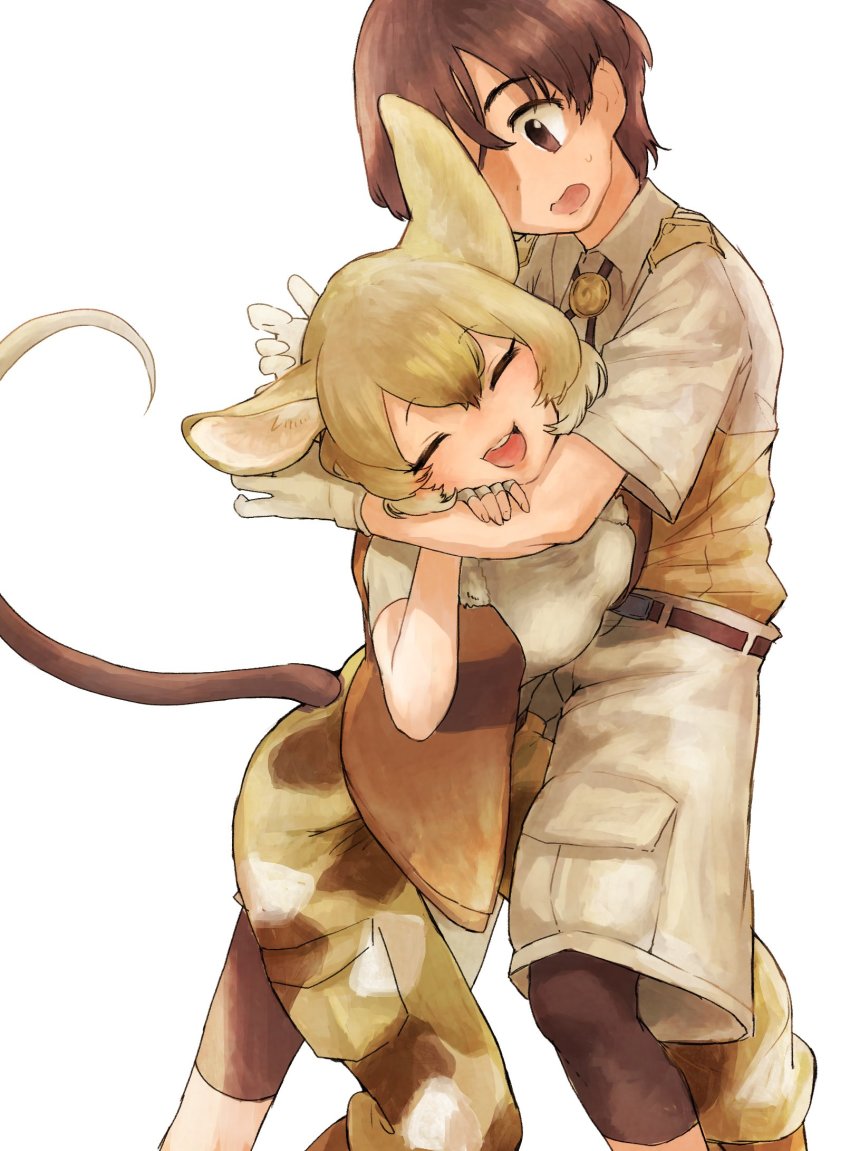 1boy 1girl animal_ears black_shorts blonde_hair blush brown_eyes brown_hair brown_vest camouflage camouflage_pants captain_(kemono_friends) cargo_pants collared_shirt closed_eyes fingerless_gloves gambian_rat_(kemono_friends) gloves hair_between_eyes highres hug kemono_friends kemono_friends_3 khakis mouse_ears mouse_girl mouse_tail multicolored_hair open_mouth pants shirt short_hair short_sleeves shorts shuushuusha tail uniform vest white_gloves white_shirt