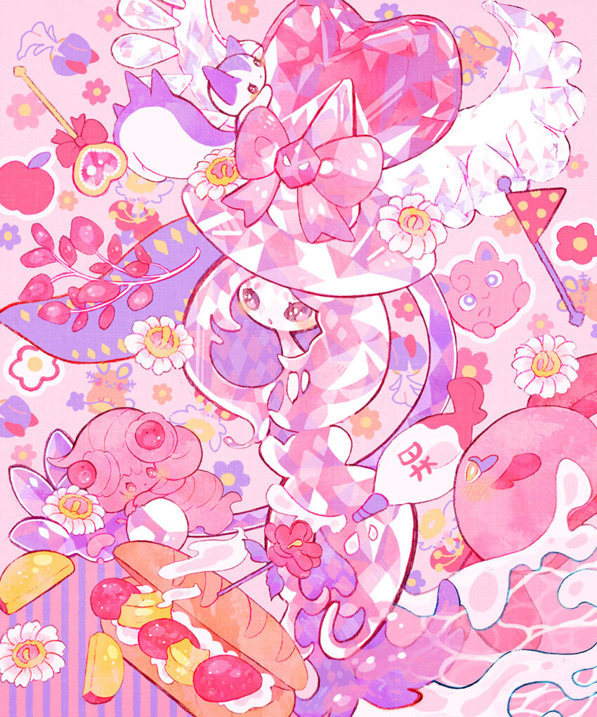 2girls alcremie alcremie_(ruby_cream) alcremie_(strawberry_sweet) alomomola animal animal_on_head apple apple_slice commentary dedenne fish flabebe flabebe_(red_flower) flower food fruit gem gen_1_pokemon gen_3_pokemon gen_4_pokemon gen_5_pokemon gen_6_pokemon gen_8_pokemon hatterene heart highres jigglypuff kappaman multiple_girls nintendo on_head pachirisu patterned_background pink_theme pokemon pokemon_(creature) ralts sandwich squirrel strawberry terastallization wand whipped_cream white_flower