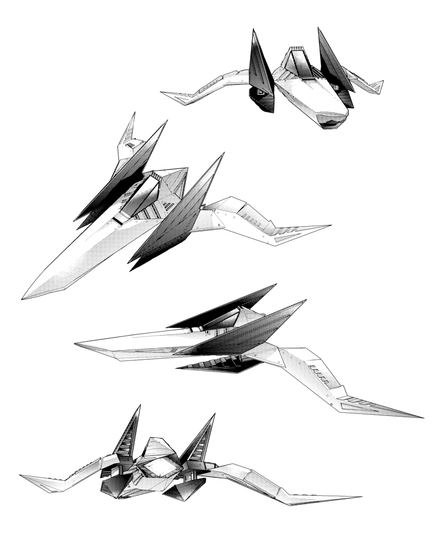 arwing bad_id bad_twitter_id greyscale halftone highres monochrome multiple_views namagaki_yukina nintendo no_humans simple_background spacecraft star_fox vehicle_focus white_background