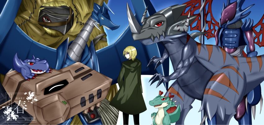 aonuma_kiriha blonde_hair cyberdramon_(digimon_xros_wars) deckerdramon digimon digimon_(creature) dracomon gaossmon golemon greymon_(digimon_xros_wars) highres horns lance looking_at_viewer mailbirdramon polearm red_eyes weapon wings
