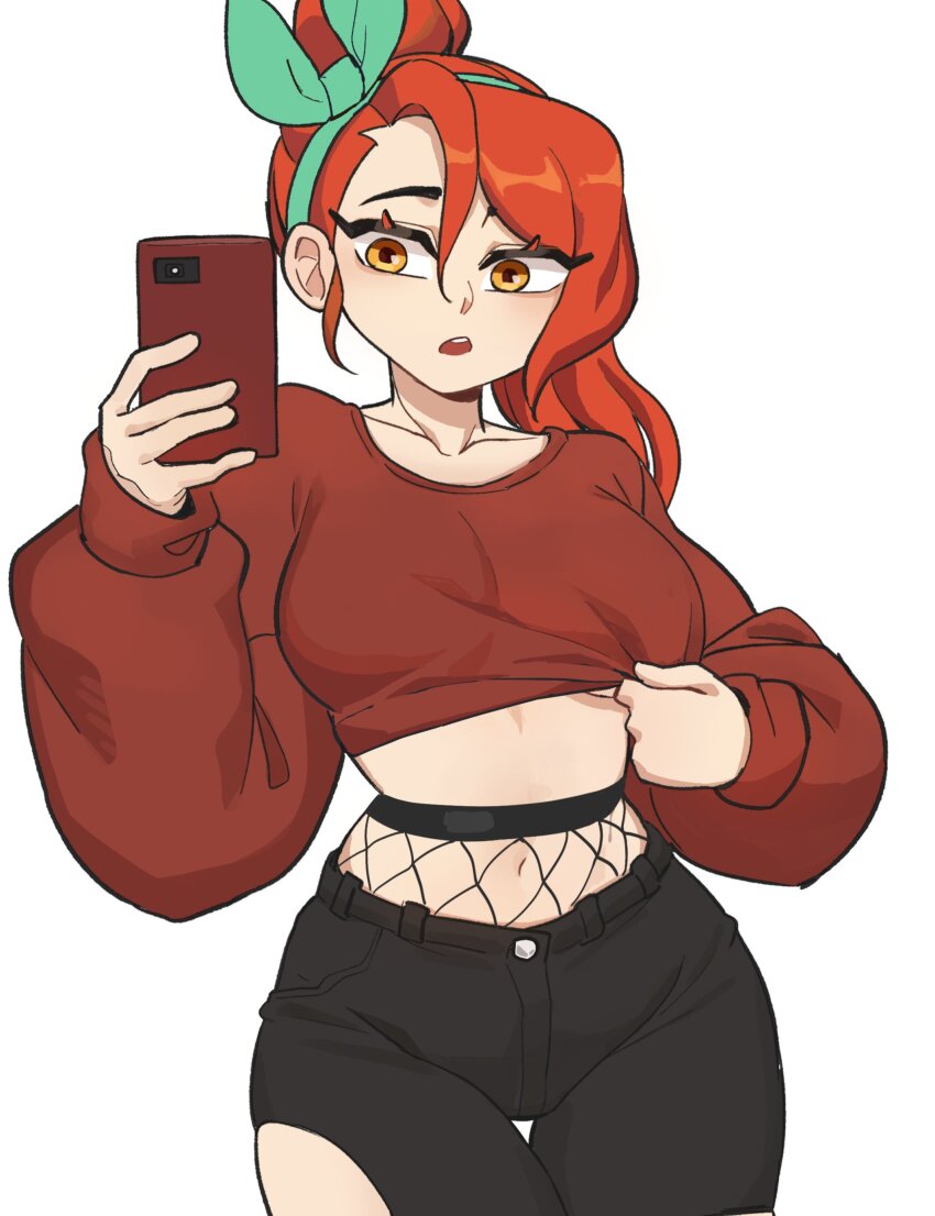 1girl absurdres adjusting_clothes black_pants breasts cellphone collarbone commentary cowboy_shot crop_top cropped_shirt english_commentary fishnets green_hairband hairband highres holding holding_phone hyyun_ho june_(hyyun_ho) large_breasts long_hair long_sleeves midriff navel orange_eyes orange_hair original pants phone red_shirt selfie shirt simple_background smartphone solo standing torn_clothes torn_pants underboob white_background