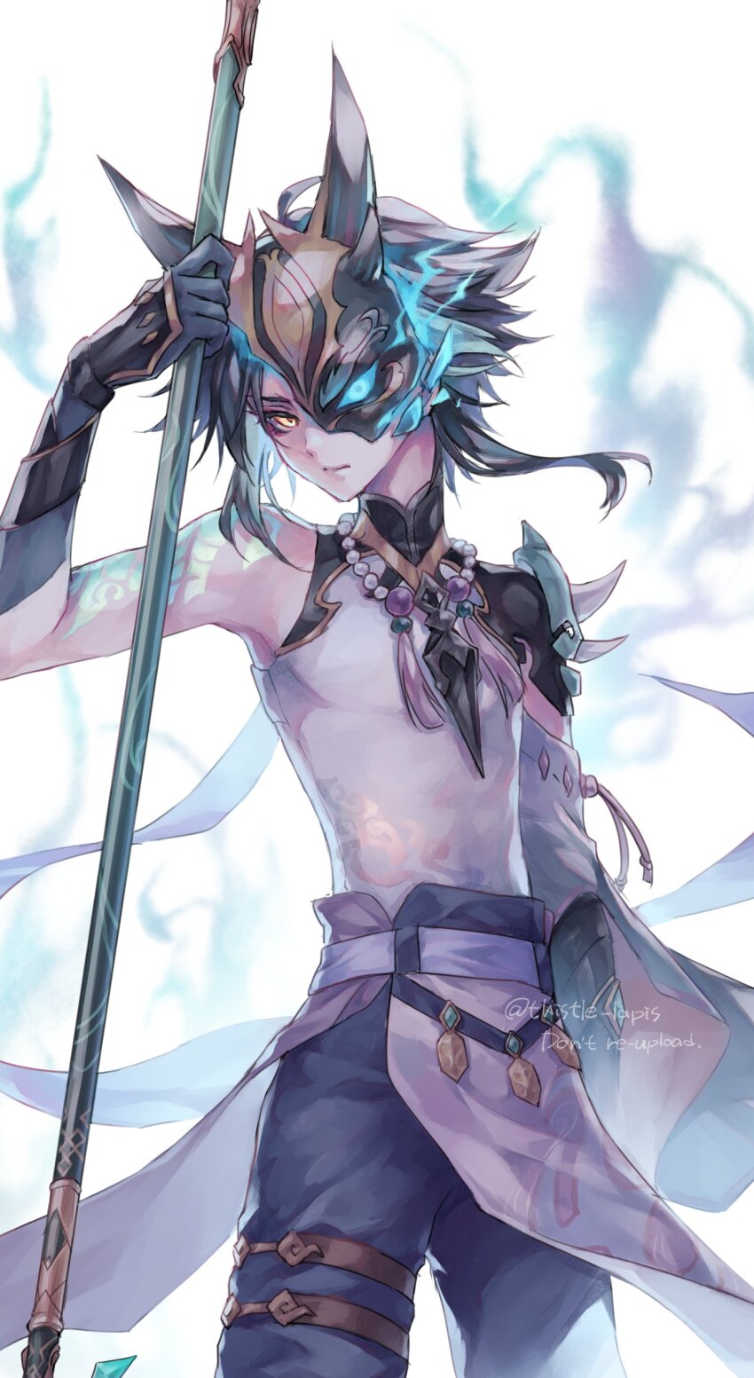 1boy absurdres arm_tattoo artist_name asymmetrical_gloves bead_necklace beads black_gloves blue_gloves blue_pants cape closed_mouth commentary_request cowboy_shot detached_sleeves expressionless eyeshadow genshin_impact gloves green_hair hand_up highres holding holding_polearm holding_weapon horned_mask jewelry looking_at_viewer makeup male_focus mask mask_over_one_eye mismatched_gloves necklace one_eye_covered pants parted_bangs pelvic_curtain polearm primordial_jade_winged-spear_(genshin_impact) purple_cape red_eyeshadow shirt short_hair shoulder_spikes sidelocks simple_background single_detached_sleeve sleeveless sleeveless_shirt solo spikes standing tassel tattoo thigh_strap thistle_lapis twitter_username vision_(genshin_impact) weapon white_background white_shirt wide_sleeves xiao_(genshin_impact) yellow_eyes