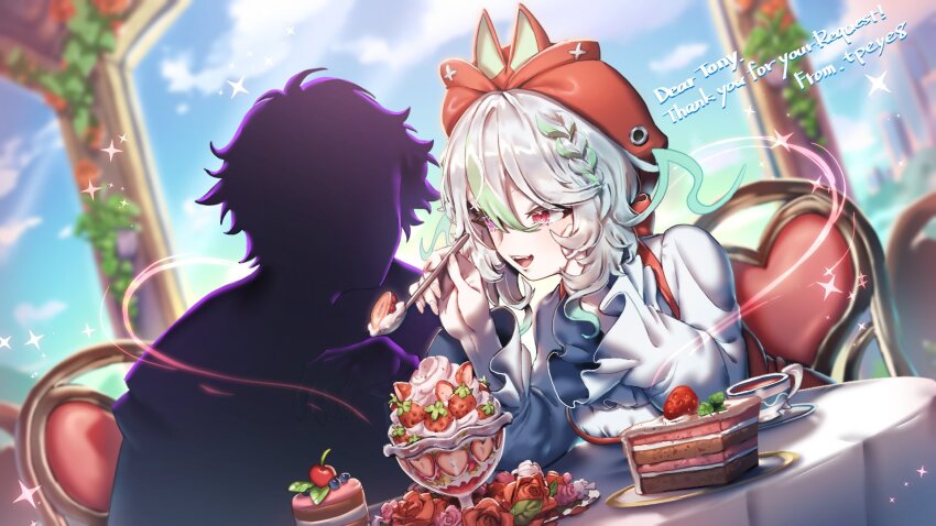 1girl alias_anono artist_request blurry blurry_background braid cake chair cherry cup flower food fruit green_hair grey_hair hair_between_eyes heterochromia highres holding holding_spoon multicolored_hair open_mouth pink_flower pink_rose purple_eyes red_eyes red_flower red_hood red_rose rose second-party_source sparkle spoon strawberry streaked_hair teacup teeth upper_teeth_only v4mirai virtual_youtuber