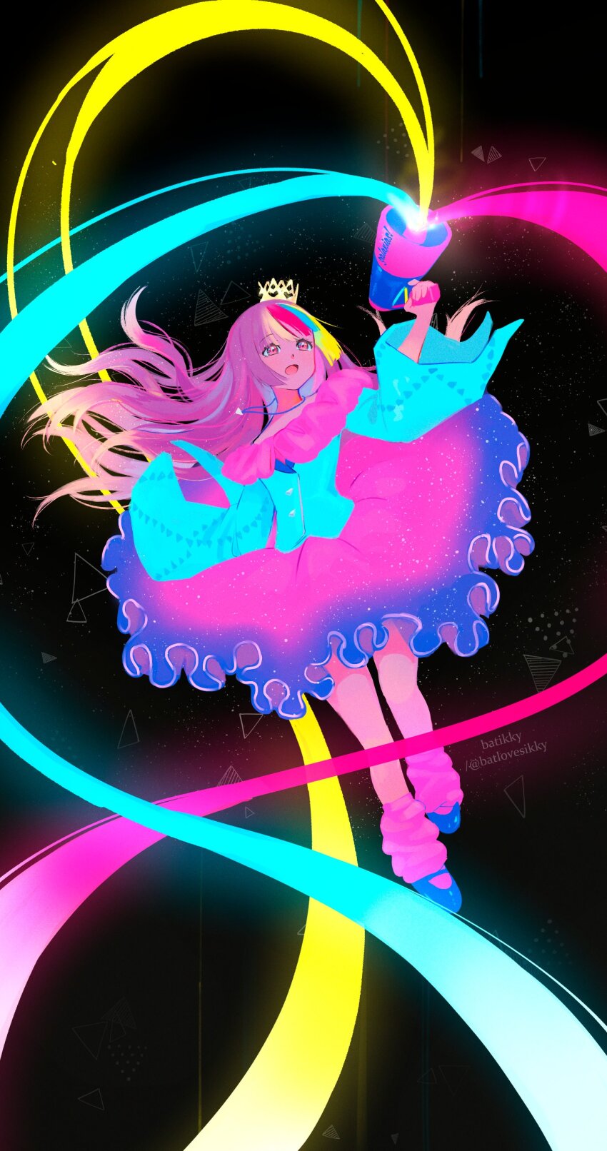 1girl :d absurdres batikky black_background blonde_hair blue_hair blue_jacket blue_shoes blue_skirt brown_hair buttons commentary crown english_commentary film_grain frilled_jacket frilled_skirt frills full_body galaco galaco_(white) gold_crown gradient_clothes gradient_skirt halftone highres holding holding_megaphone jacket jewelry kneehighs light_particles long_hair long_sleeves looking_up loose_socks mary_janes megaphone mini_crown multicolored_hair necklace off-shoulder_jacket off_shoulder open_mouth pink_eyes pink_skirt pink_socks red_hair shoes simple_background skirt smile socks solo streaked_hair tongue triangle twitter_username two-tone_skirt very_long_hair vocaloid wide_sleeves