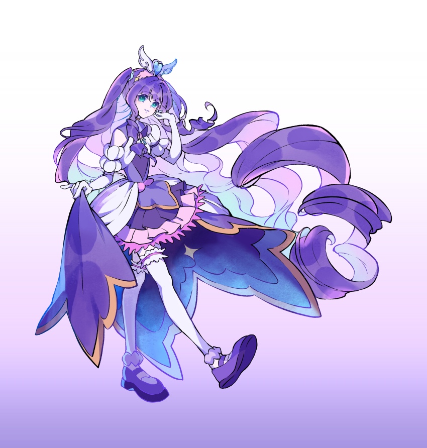 1girl absurdly_long_hair absurdres bare_shoulders blue_eyes blue_scrunchie blunt_bangs bow bowtie chinese_commentary colored_inner_hair commentary_request cure_majesty detached_sleeves dress drill_hair elbow_gloves ellee-chan eyelashes floating_clothes floating_hair frilled_skirt frilled_sleeves frilled_thigh_strap frills full_body fur_anklet gloves gradient_background hair_ornament hair_scrunchie hairband hand_in_own_hair heart heart_hair_ornament heart_print highres hirogaru_sky!_precure inhan kicking lace lace-trimmed_skirt lace_trim long_dress long_hair magical_girl mary_janes miniskirt multicolored_hair parted_lips pink_hairband precure purple_background purple_bow purple_bowtie purple_hair purple_shoes purple_skirt purpled scrunchie shoes simple_background skirt skirt_hold skirt_under_dress sleeveless sleeveless_dress smile solo standing tachi-e tareme thigh_strap thighhighs two_side_up very_long_hair white_background white_gloves white_sleeves white_thighhighs wing_hair_ornament
