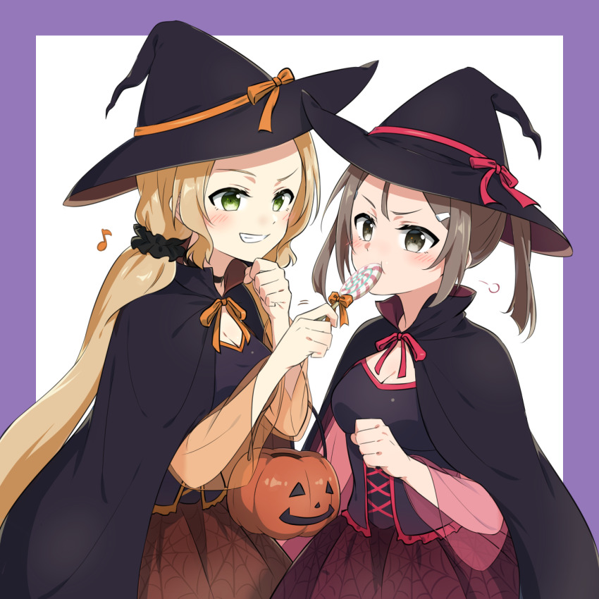 2girls black_bustier black_choker black_cloak black_hat black_scrunchie blush border breasts brown_eyes brown_skirt candy choker cleavage cloak eda_udon food frilled_bustier green_eyes grin hair_ornament hair_scrunchie hairclip halloween halloween_bucket halloween_costume hat hat_ribbon highres inubouzaki_fuu lollipop low_twintails medium_breasts miyoshi_karin multiple_girls musical_note neck_ribbon orange_ribbon outside_border print_skirt purple_border red_ribbon red_skirt ribbon scrunchie skirt smile spider_web_print twintails white_background witch witch_hat yuuki_yuuna_wa_yuusha_de_aru yuusha_de_aru