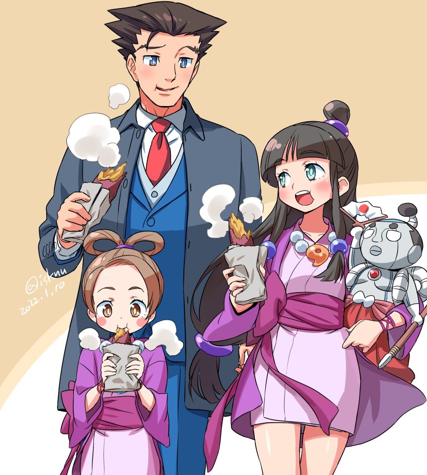 1boy 2girls absurdres ace_attorney black_hair blue_eyes blush_stickers brown_eyes brown_hair dated eating food formal_clothes hair_rings hair_slicked_back highres holding holding_stuffed_toy isedaichi_ken jacket japanese_clothes jewelry kimono long_hair magatama magatama_necklace maya_fey multiple_girls necklace necktie open_mouth pearl_fey phoenix_wright red_necktie short_hair simple_background spiked_hair steam steel_samurai stuffed_toy suit sweet_potato topknot