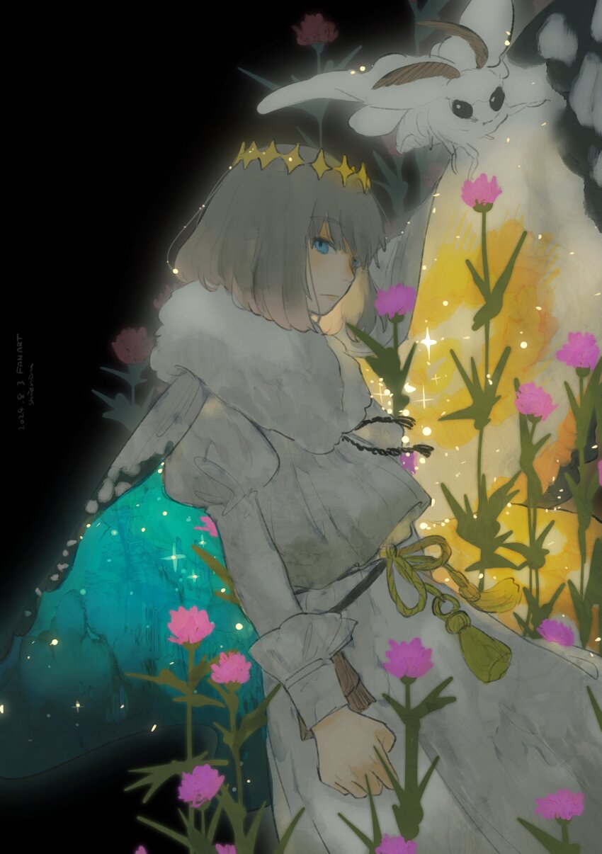 1boy absurdres arthropod_boy black_background black_eyes blanca_(fate) blue_eyes blue_wings bug butterfly_wings closed_mouth diamond_hairband fate/grand_order fate_(series) flower fur_scarf grey_hair highres insect insect_wings looking_at_viewer male_focus moth oberon_(fate) pink_flower scarf shieriru shirt simple_background skirt solo white_scarf white_shirt white_skirt wing_cape wings