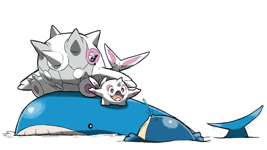 :d animal_focus blacknirrow cetitan cetoddle closed_mouth evolutionary_line eyelashes gen_3_pokemon half-closed_eyes highres horns nintendo no_humans open_mouth pokemon pokemon_(creature) pokemon_focus riding riding_pokemon simple_background single_horn sitting smile spikes spitting standing swimming wailmer wailord water whale white_background