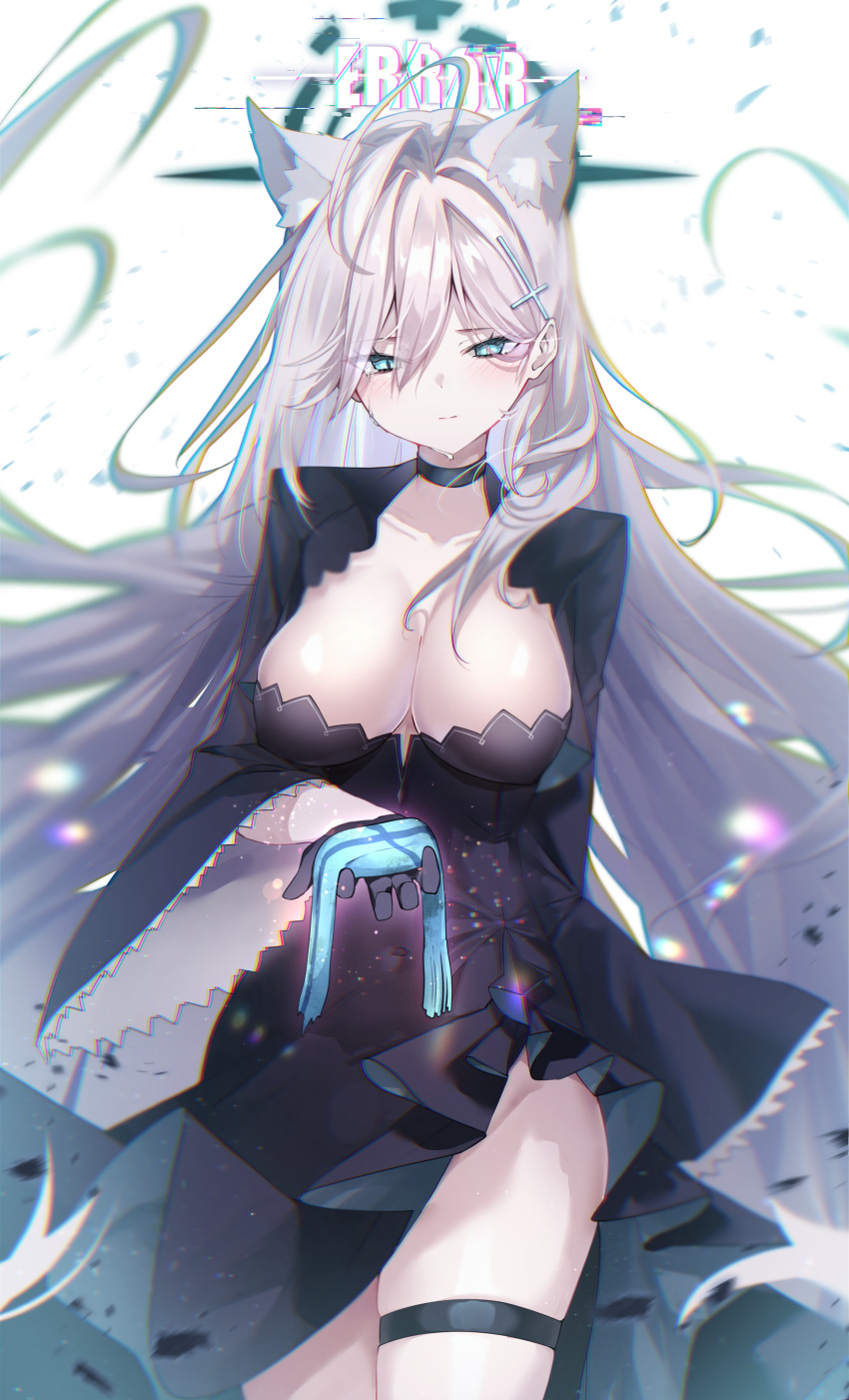 1girl absurdres ahoge animal_ear_fluff animal_ears black_choker black_dress black_gloves black_jacket blue_archive blush breasts choker cleavage collarbone cropped_jacket dress floating_hair gloves grey_hair groin halo highres holding_rag jacket kamiya_mitobe large_breasts long_hair mismatched_pupils shiroko_(blue_archive) shiroko_terror_(blue_archive) solo straight_hair teardrop thigh_strap very_long_hair wolf_ears