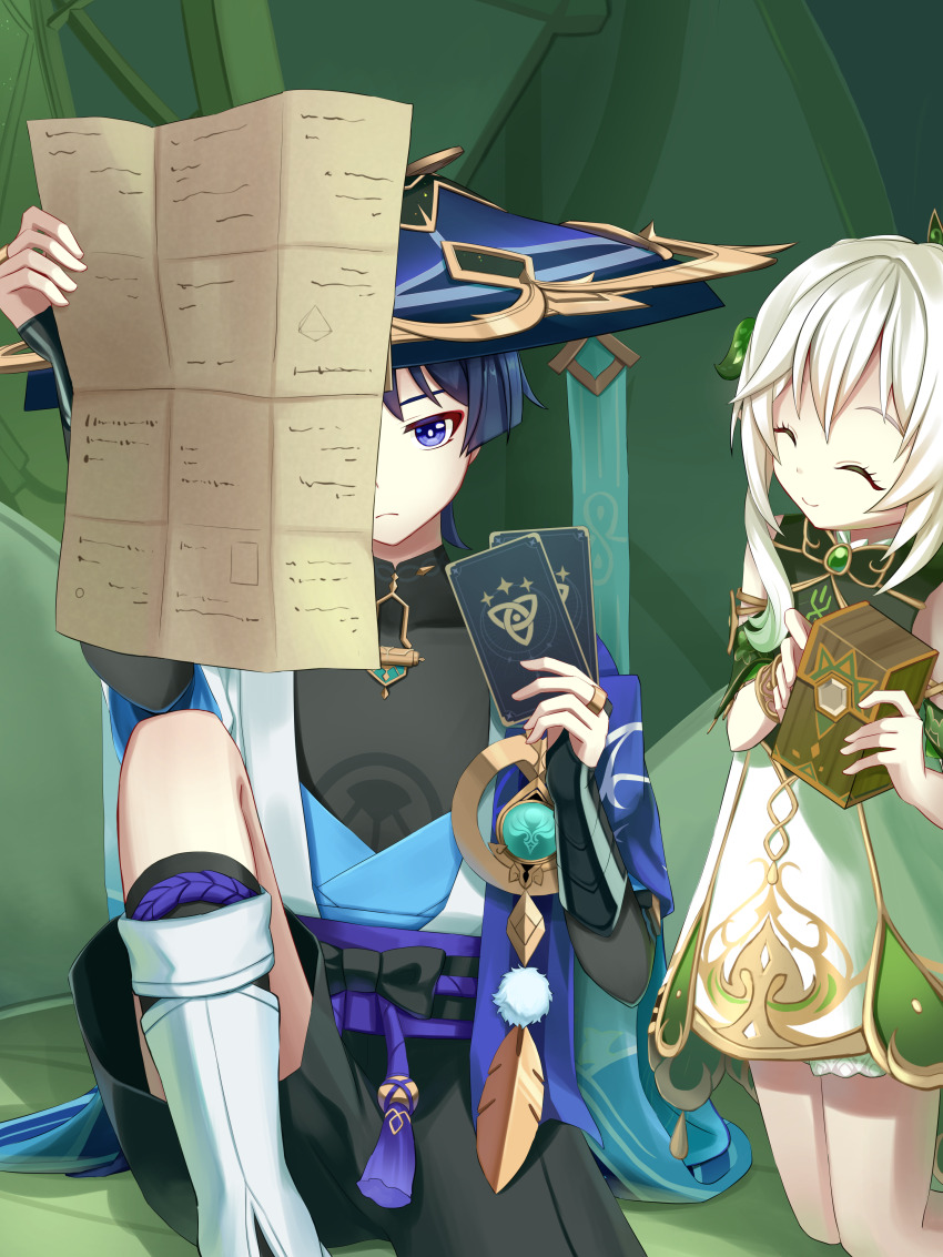 1boy 1girl absurdres anemo_symbol_(genshin_impact) aqua_gemstone arm_up armlet armor belt black_belt black_bodysuit black_bow black_bridal_gauntlets black_hair black_leggings black_shorts bloomers blue_cape blue_hat blue_kimono blue_sleeves blunt_ends bodysuit bow box bracelet bridal_gauntlets bright_pupils cape card closed_eyes closed_mouth detached_sleeves eyelashes eyeliner eyeshadow facing_another feathers furisode gem genius_invokation_tcg genshin_impact gold gold_ring gold_trim green_gemstone green_sleeves hair_ornament hakama hakama_shorts han&#039;eri hand_up hat highres holding holding_box holding_card indoors instruction_manual japanese_armor japanese_clothes jewelry jingasa kimono knee_up kneeling kote kouge_kurame kurokote layered_kimono layered_sleeves leaf leaf_hair_ornament leg_warmers leggings looking_at_object looking_at_viewer makeup mandarin_collar middle_ring nahida_(genshin_impact) open_clothes open_kimono pleated_shorts pom_pom_(clothes) purple_eyes purple_rope purple_sash red_eyeliner red_eyeshadow rope sash scaramouche_(genshin_impact) short_sleeves shorts sitting smile standing tassel underwear vision_(genshin_impact) wanderer_(genshin_impact) white_bloomers white_kimono white_leg_warmers white_pupils white_sleeves white_trim wispy_bangs yellow_feathers