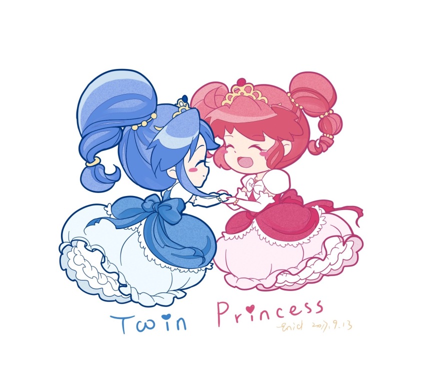 2girls ^_^ back_bow bead_bracelet beads blue_bow blue_dress blue_hair blush_stickers bow bracelet chest_bow chibi chibi_only closed_eyes closed_mouth commentary dated dress elbow_gloves english_commentary english_text enidzyx facing_another fine_(futagohime) full_body fushigiboshi_no_futago_hime gloves gold_beads gold_bracelet gold_necklace gold_tiara gown hair_ornament happy highres holding_hands jewelry long_hair matching_outfits multiple_girls necklace open_mouth petticoat pink_bow pink_dress ponytail puffy_short_sleeves puffy_sleeves red_hair rein_(futagohime) short_sleeves siblings simple_background sisters smile tiara twins twintails white_background white_bow white_gloves white_sleeves