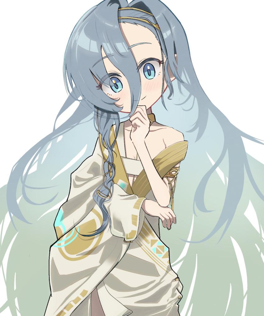 1girl 37_(reverse:1999) ancient_greek_clothes armlet bare_shoulders blue_eyes blue_hair closed_mouth deformed gold_choker greco-roman_clothes hair_between_eyes hand_on_own_chin hand_on_own_elbow hand_up head_tilt highres jewelry long_hair looking_at_viewer reverse:1999 smile solo stroking_own_chin thiepriest toga upper_body very_long_hair white_background