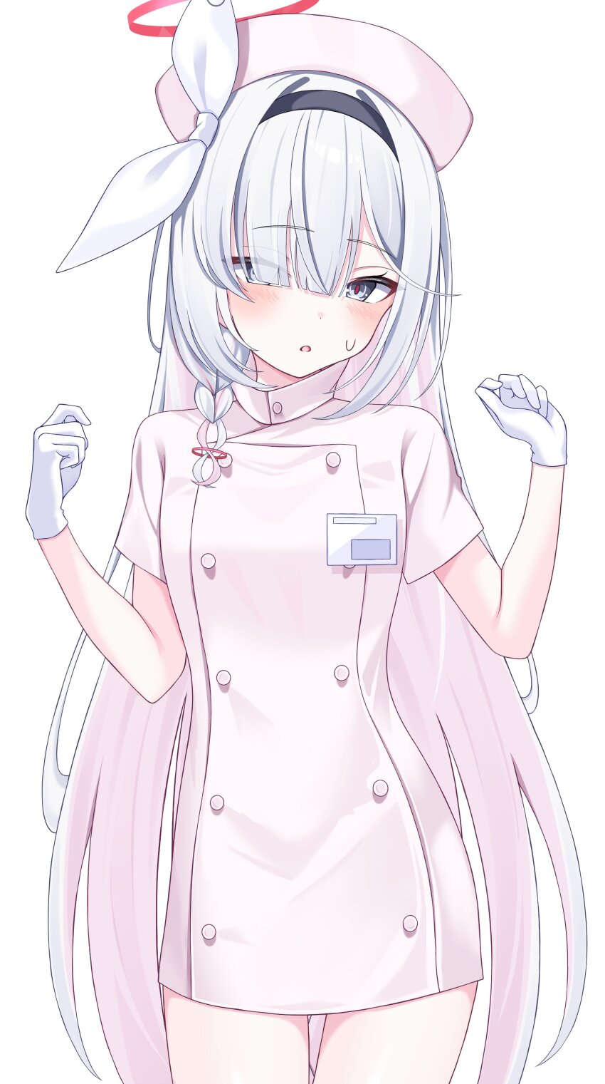 1girl absurdres black_eyes black_hairband blue_archive blush colored_inner_hair commentary gloves hair_over_one_eye hairband halo hands_up hat highres itami_riya long_hair looking_at_viewer multicolored_hair nurse nurse_cap parted_lips pink_halo plana_(blue_archive) red_pupils ribbon short_sleeves simple_background solo sweat translated very_long_hair white_background white_gloves white_hair white_ribbon