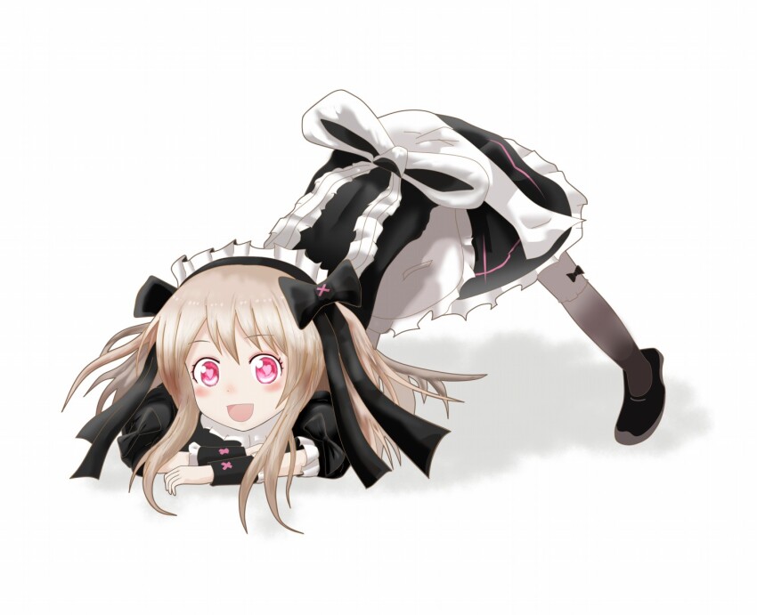 1girl bad_id bad_pixiv_id black_dress black_shoes blonde_hair chaos_marie_(grimms_notes) dress grimms_notes highres jack-o&#039;_challenge maid open_mouth pink_eyes shoes smile solo tomoegatadouki