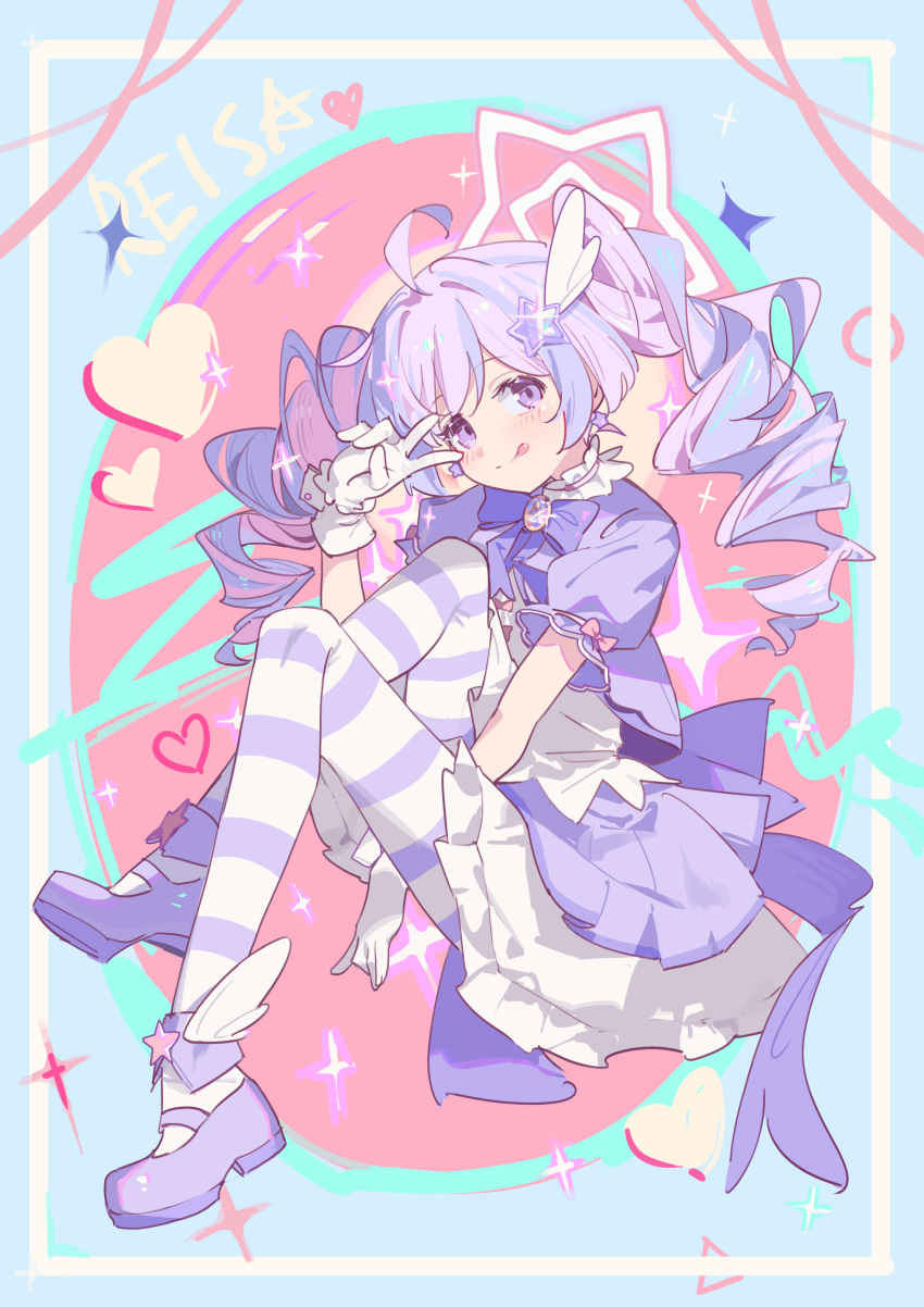 1girl :q absurdres bilibalakonglijiwa blue_archive character_name closed_mouth commentary gloves halo highres multicolored_hair official_alternate_costume pink_hair pink_halo purple_hair reisa_(blue_archive) reisa_(magical)_(blue_archive) solo star_halo striped_clothes tongue tongue_out two-tone_hair v white_gloves