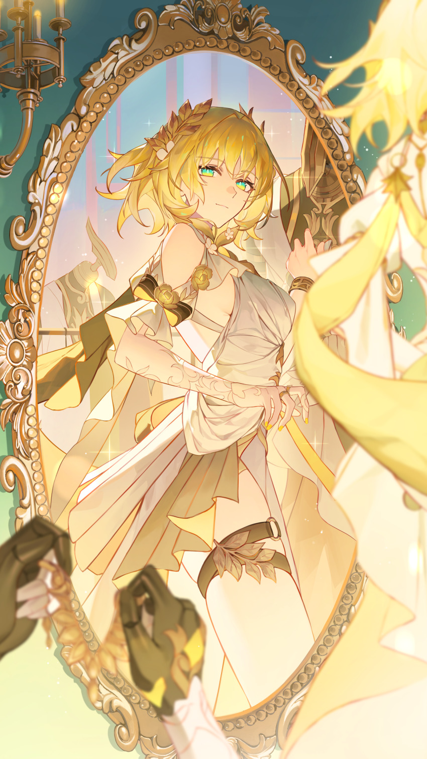 1girl absurdres aglaea_(honkai:_star_rail) bare_shoulders blonde_hair breasts closed_mouth commentary cowboy_shot dress english_commentary garmentmaker_(honkai:_star_rail) greco-roman_clothes green_eyes head_wreath highres honkai:_star_rail honkai_(series) large_breasts looking_at_viewer mirror nail_polish reflection short_hair shotgunman solo thighs white_dress yellow_nails