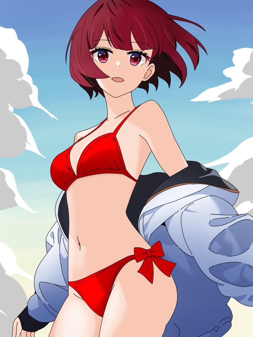 1girl arima_kana belly bikini blue_jacket blue_sky bob_cut bokutaaaa cloud cloudy_sky happy highres inverted_bob jacket looking_at_viewer navel open_clothes open_jacket open_mouth oshi_no_ko red_bikini red_eyes red_hair short_hair sky smile solo swimsuit