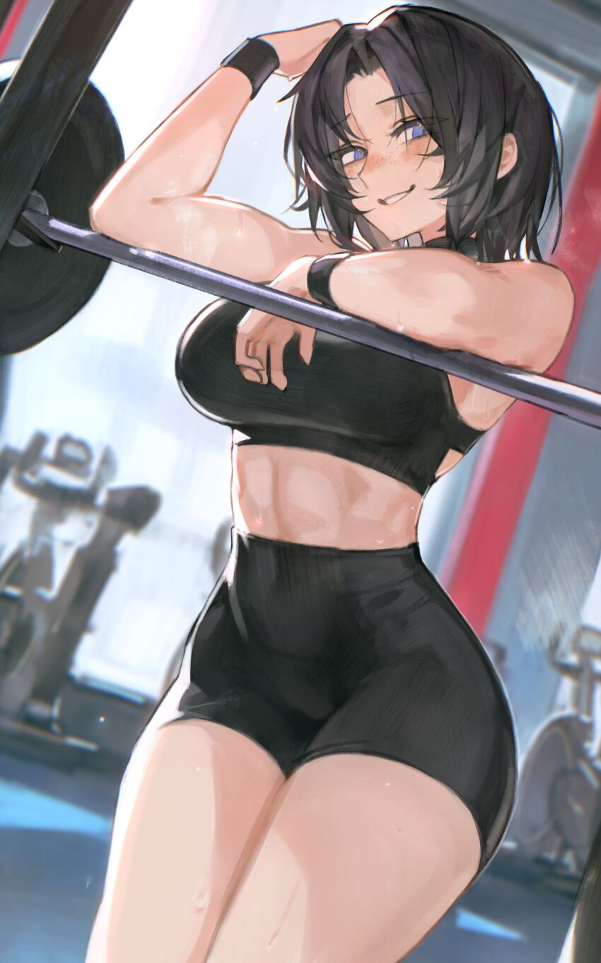 1girl absurdres barbell black_hair black_shorts black_sports_bra blue_eyes blurry blurry_background breasts character_request commission copyright_request cowboy_shot exercise_bike exercise_machine freckles grin gym high-waist_shorts highres indoors large_breasts legs_together looking_at_viewer lucadark_art medium_hair midriff shorts skeb_commission smile solo sports_bra standing sweat sweatband toned toned_female wristband