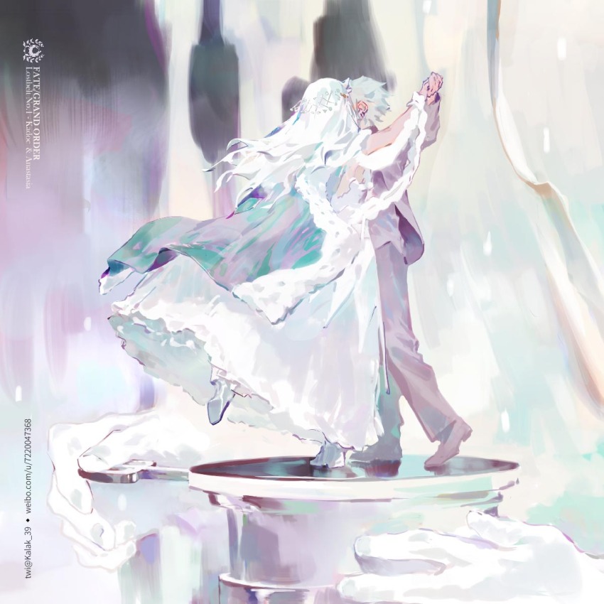 1boy 1girl 1other alternate_costume anastasia_(fate) arm_up blue_cape cape character_name commentary dancing detached_sleeves dress earrings english_commentary english_text fate/grand_order fate_(series) figure_stand formal_clothes from_behind full_body fur-trimmed_cape fur_trim grey_hair grey_jacket grey_pants grey_shirt grey_suit hair_ornament hetero highres holding_hands jacket jewelry kadoc_zemlupus kalak_39 long_hair mini_person miniboy minigirl pants shirt shoes short_hair sleeveless sleeveless_dress standing standing_on_one_leg suit twitter_username white_dress white_hair winding_key