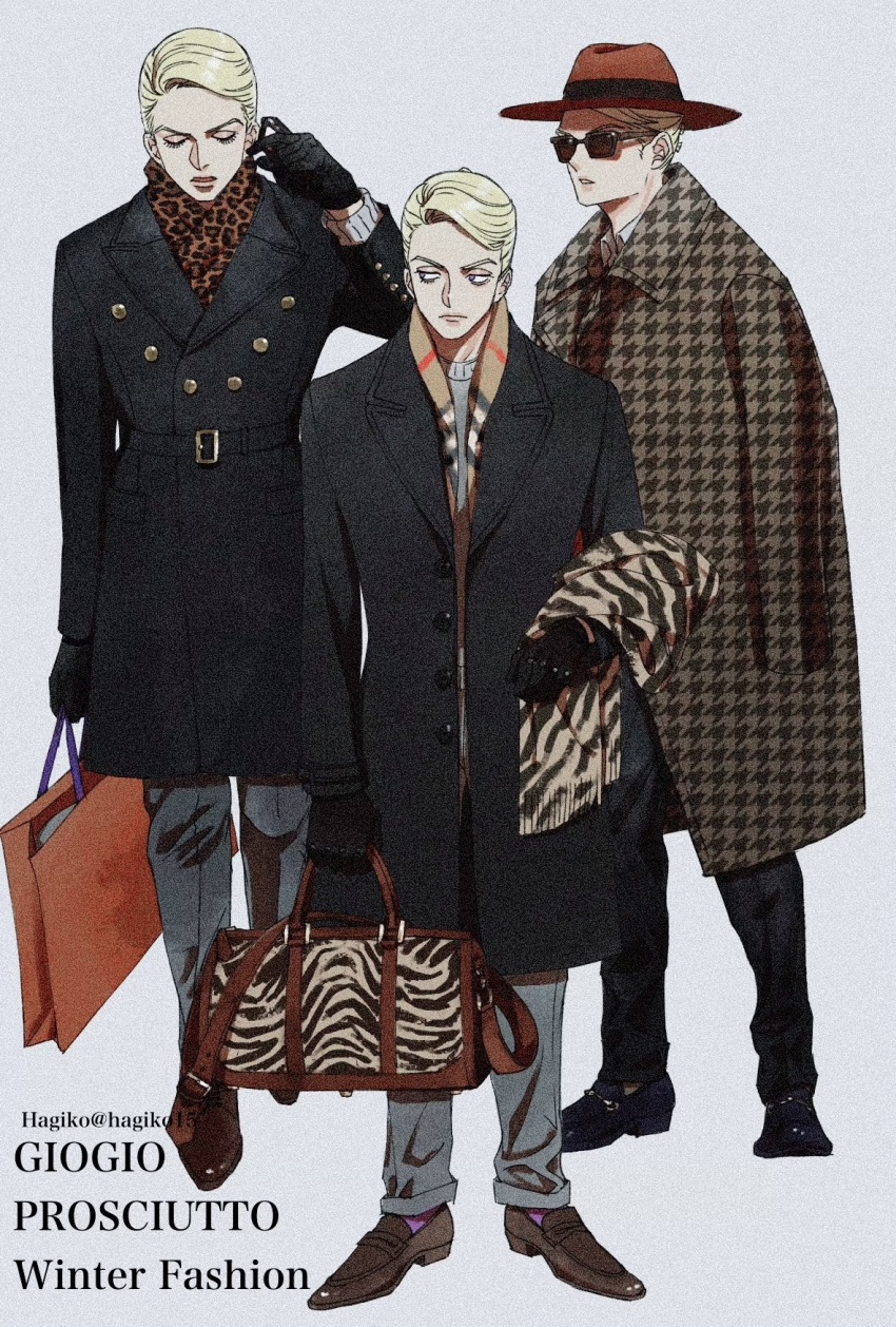 1boy animal_print bag black_coat black_gloves blonde_hair brown_hat character_name coat copyright_name fashion film_grain full_body gloves grey_background grey_hair hagiko15 hat highres holding holding_bag jojo_no_kimyou_na_bouken leopard_print loafers long_sleeves male_focus multiple_views print_coat prosciutto purple_socks scarf shoes short_hair socks sunglasses trilby twitter_username unworn_scarf vento_aureo
